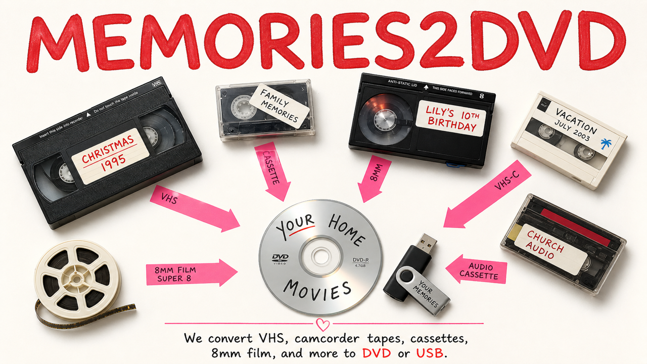Actual Memories 2 DVD booth sign showing VHS, cassette, 8 millimeter film, VHS-C, and audio cassette formats
