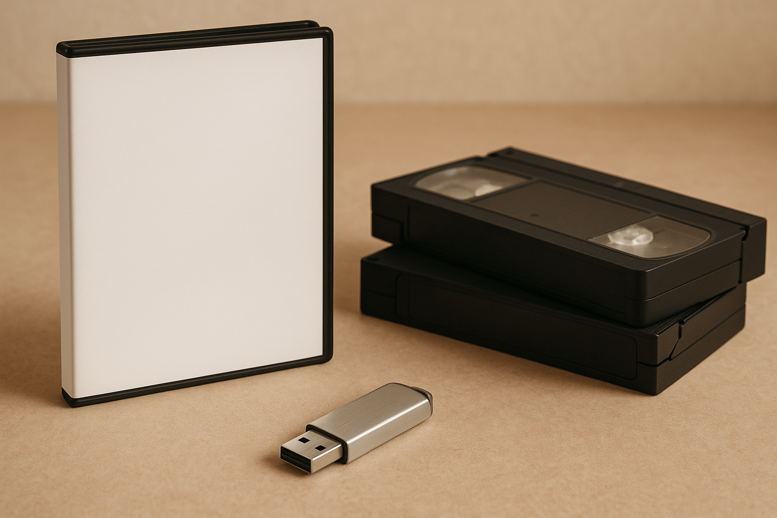Photograph of a blank DVD case and a thumb drive beside original media tapes