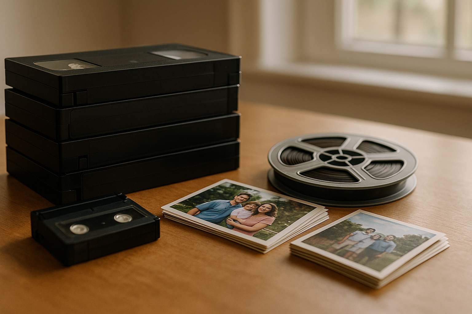 Photograph of VHS tapes, camcorder tapes, a film reel, and family photographs arranged on a table