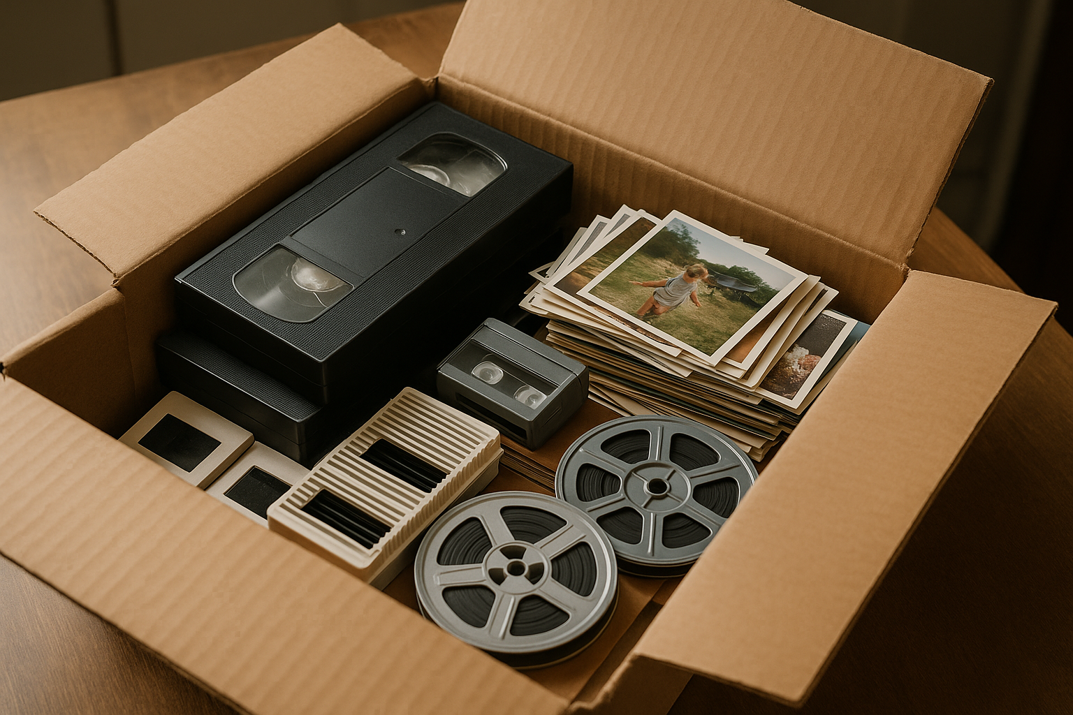 Photograph of an open box containing VHS tapes, camcorder tapes, film reels, slides, and printed photographs